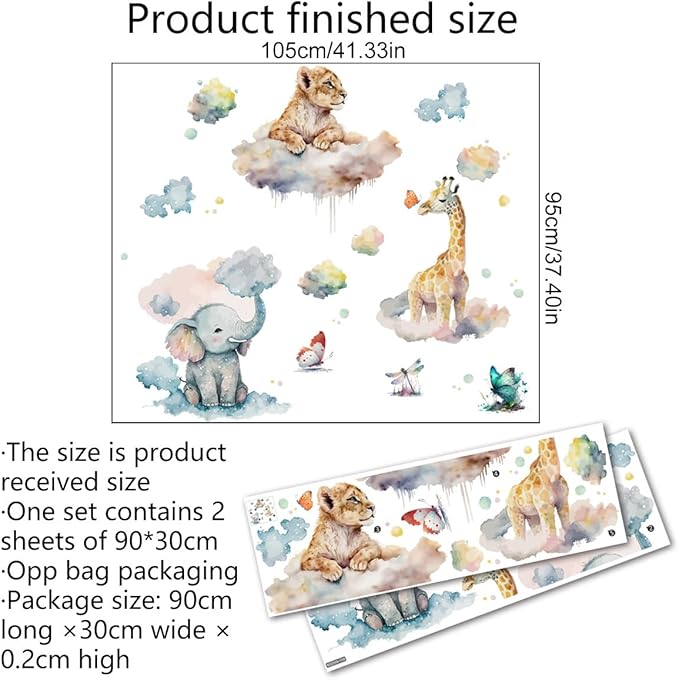 Runtoo Safari Animals Wall Decals Watercolor Giraffe Lion Elephant Wall Stickers Kids Bedroom Baby Nursery Wall Decor