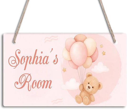 Pink Bear Design Personalized Room Door Sign Custom Name Signs Kids Girls Bedroom Decor Nursery Dorm Farmhouse Baby Room Wood Hanger Toddler Art Wall Plaque 12x6 Inches