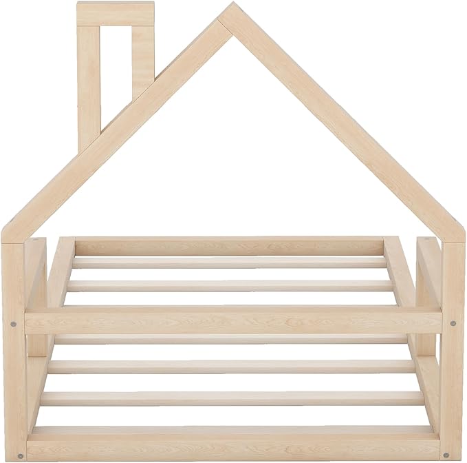 Twin Size Wood Floor Bed with House-shaped Headboard and a Chimney,Bedroom Simple Modern Bed Frame W/ Playful Design & No Box Spring Required,for Kids Teens Girls Boys,Natural