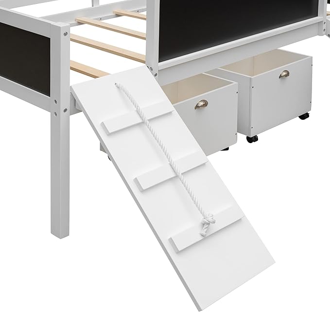 Play Fun Design Twin Size Loft Bed with Slide and Rope Climbing Ladder for Kids Boys Girls, Solid Wood Loft Bed Frame with 2 Storage Boxes and Double-sided Chalkboard, Sturdy Slat Support (White-2)