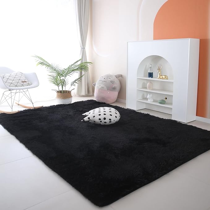 CAIYUECS Shag Area Rug,Indoor Ultra Soft Plush Rugs for Bedroom Living Room, Non-Skid Modern Nursery Faux Fur Rugs for Kids Room Home Decor (8x10 Feet, Black)