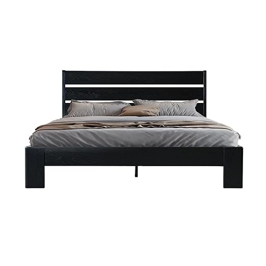 Queen Size Solid Wood Platform Bed Frame with Headboard & Footboard, Metal Legs with 12 Durable Slatted Base, Easy Assembly, No Box Spring Needed, Noise-Free & Anti-Slip, Ebony Oak Finish, QIQ-35