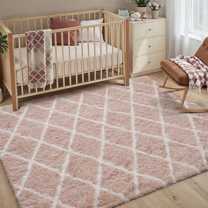 4x6 Checkered Rug for Living Room Pink and White Modern Soft Area Rug Fluffy Non-Slip Carpet for Bedroom Playroom Home Aesthetic Decor