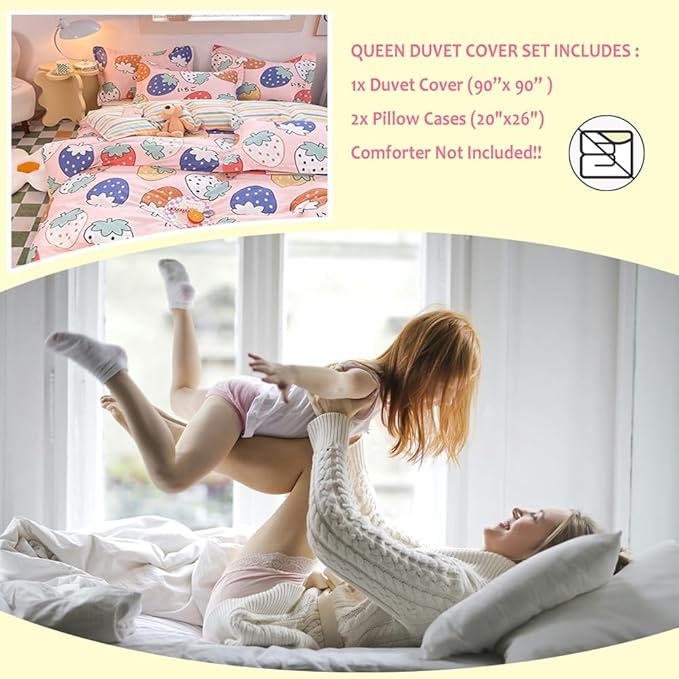 100% Cotton Kids Duvet Cover Set - Kawaii Cartoon Strawberry Bedding for Toddler Girls & Boys, Queen Size 3-Piece Breathable Soft Comforter Cover with Zipper Closure (Strawberry,Queen)