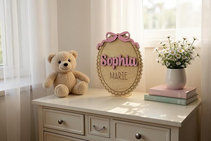 Personalized Baby Announcement Sign with Bow, Custom 3D Layered Scalloped Edge Name & Birth Stat Board for Newborn Photos (Name Sign)