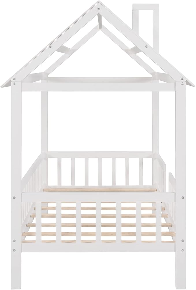 Bellemave Twin House BedFrame with Roof, Montessori Floor Bed, House Bed with Rails for Kids, White