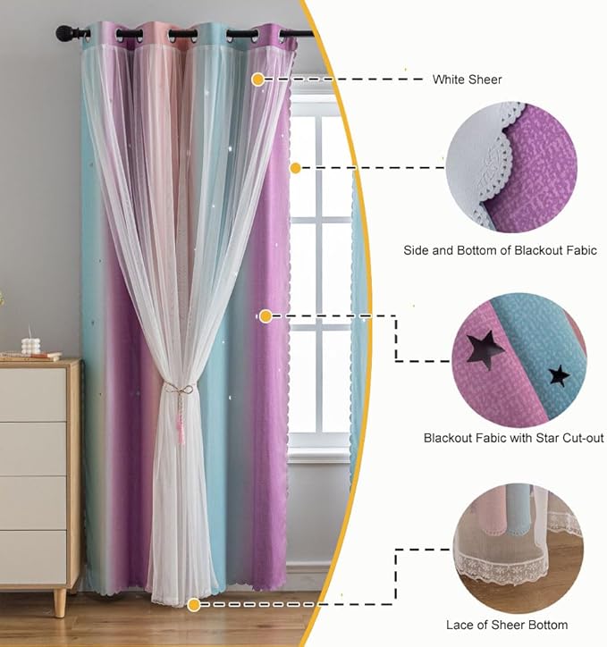 Star Girl and Kids Curtains for Bedroom Rainbow Ombre Double Layer Cute Shot Nursery Darkening Grommet Princess Room Décor 2 Panels Living Room Window Curtain (Pink Purple52W x 72L