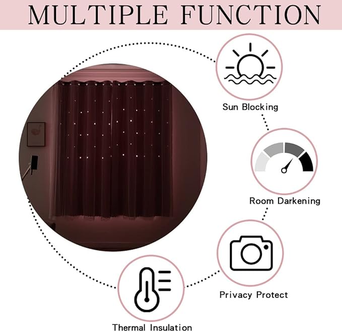Pink Curtains for Girls Bedroom Cute - Aesthetic Star Cutout Blackout Double Layer with Sheer Overlay, 60 Inch Length 2 Panels Kids Room Curtain Baby Nursery Decor Short Drapes
