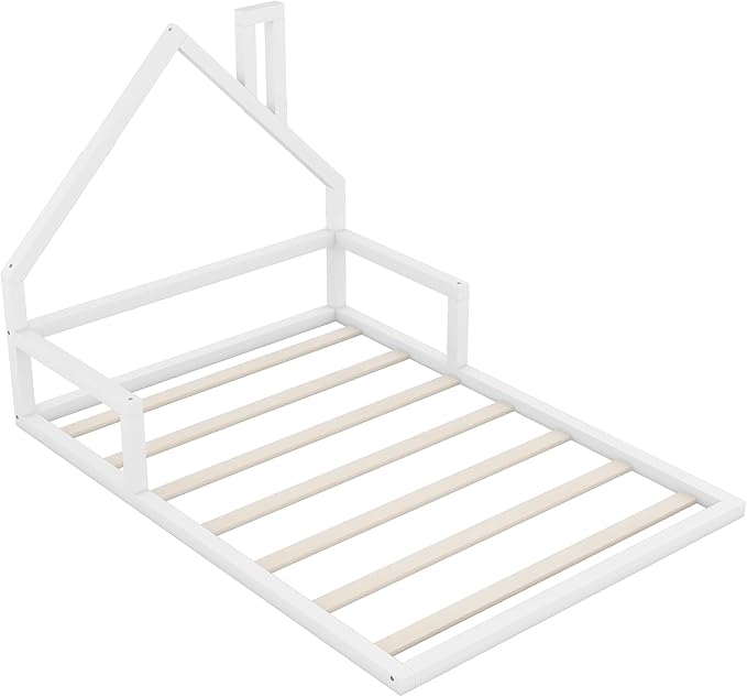 Harper & Bright Designs Full Size Floor House Bed, Montessori Floor Bed for Kids, Solid Wood Low Bed Frame for Bedroom, Playroom, Wooden Slats Support, White