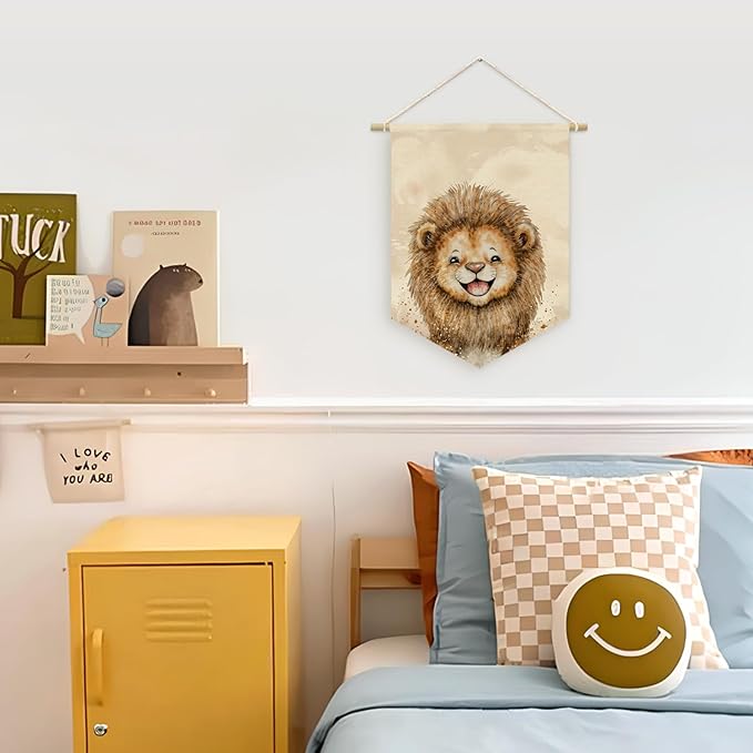 Safari Nursery Decor, Baby Lion Cute Wall Art,Kids room Canvas Banner, Woodland Nursery Decor, Watercolor Animal Lion for Living Room Bedroom Kids Room, Hanging Pennant Flag Banner 15x11in