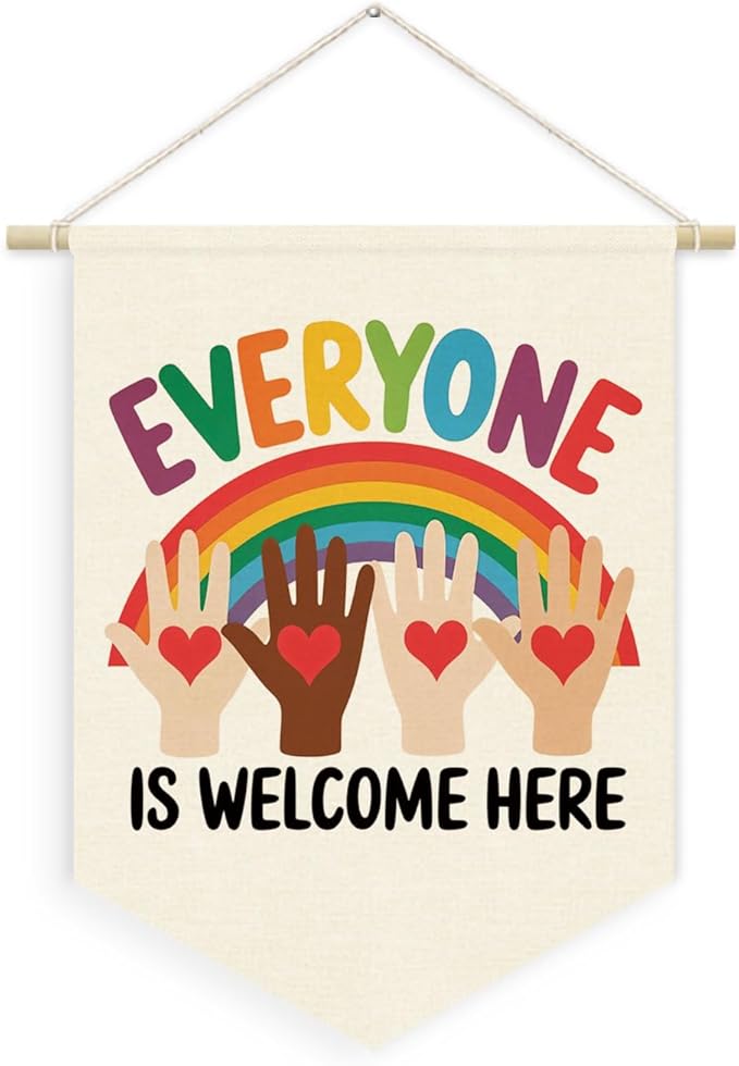 Classroom Door Wall Decorations, Inspirational Diversity Linen Canvas Banner, Everyone Is Welcome Inclusive Equality Wall Hanging Pennant Flag Banner, School Counselor Office Must Haves, 15x11in