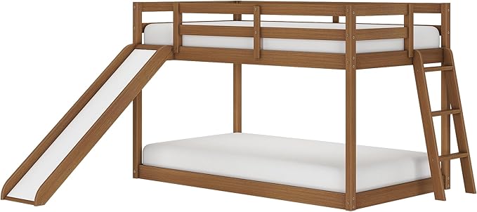 Grain & Grove Bear Twin Over Twin Bunk Bed with Slide, Low Bunk Bed Frame for Kids, Bunk with Ladder, Guardrail, and Slats, No Box Spring Required, Oak Embossed Pecan