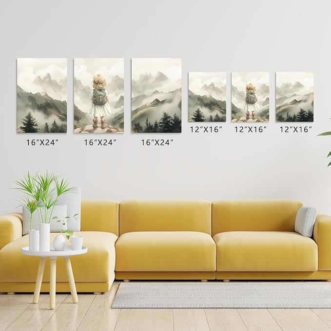 3-Piece Adventure Girl Nursery Wall Art, Mountain & Woodland Forest Nursery Decor for Toddler Room, Adventure Nursery Wall Decor for Kids Baby Girl's Room, Framed Canvas Set, 16"x24"