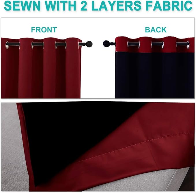 NICETOWN Living Room Completely Shaded Draperies, Privacy Protection & Noise Reducing Ring Top Drapes, Black Lined Insulated Window Treatment Curtain Panels(Burgundy Red, 2 Pieces, W55 x L78)