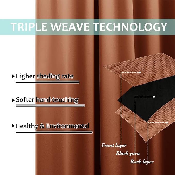 NICETOWN Extra Long Truly Blackout Drapes for Hall and Villa, 46" Width Each Panel, 45" Length, Burnt Orange, 2 Pieces, 100% Blackout Window Curtain Panels with Black Lined for Night Shift Worker