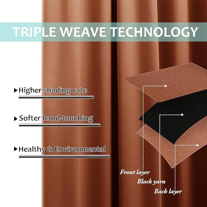 NICETOWN 100% Blackout Window Curtain Panels, Full Light Blocking Drapes with Black Liner for Nursery, 72-inch Drop Thermal Insulated Draperies (Burnt Orange, 2 Pieces, 70-inch Wide Per Panel)