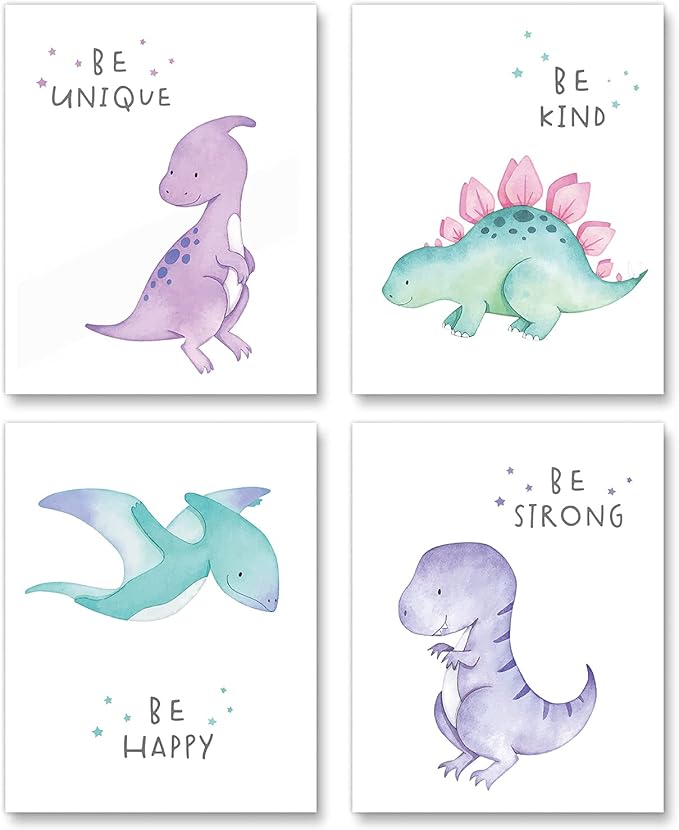 Gubrandin Watercolor Dinosaur Print Motivational Quote Wall Art Nursery Bedroom Decoration Funny Animals Poster for Boys or Girls Bedroom (8x10 inch，Set of 4，Unframed)