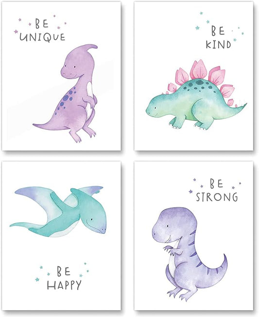 Gubrandin Watercolor Dinosaur Print Motivational Quote Wall Art Nursery Bedroom Decoration Funny Animals Poster for Boys or Girls Bedroom (8x10 inch，Set of 4，Unframed)