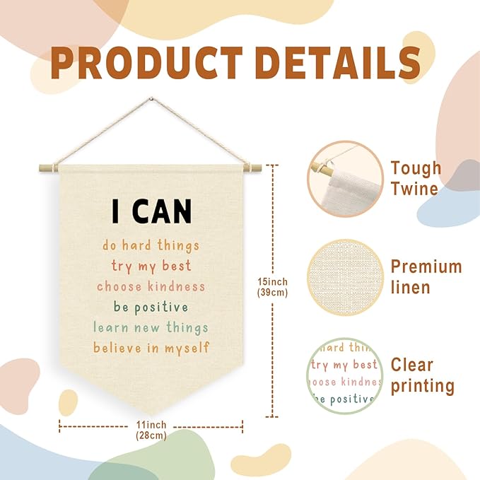 Affirmations Wall Hanging Art for Kids, I Can Do Hard Things,Nursery Decor, Classroom Decor Canvas Banner, Kids Affirmations Nursery Wall Art Canvas Hanging Pennant Flag Banner 15x11in