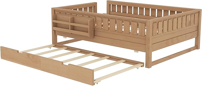 Bellemave Full Size Kids Bed with high Rails and with Built-in Bookshelf and Trundle for Kids, Girls, Boys, Wood Montessori Bed Without Door, Natural