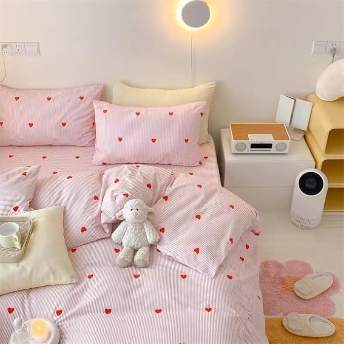 Pink Striped Duvet Cover Queen Size Cute Red Heart Bedding Set 3 Pcs Kids Girls Kawaii Stripes Heart-Shaped Soft Breathable Microfiber Reversible Comforter Cover with Zipper Closure