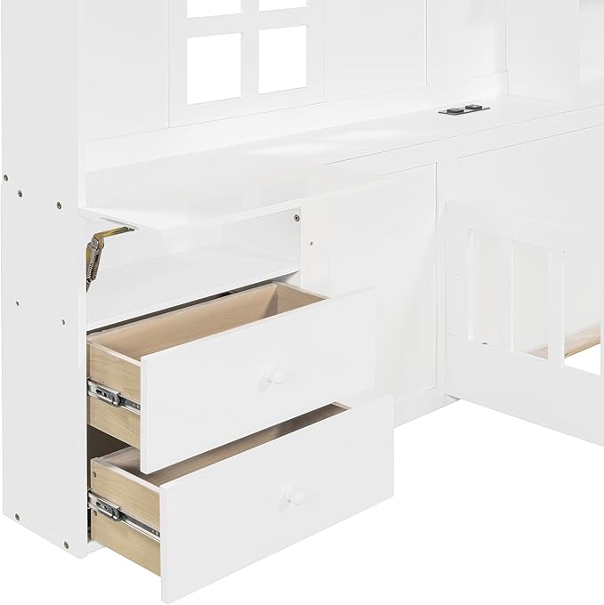 Twin Size Kids Floor Bed with Safety Fence, Solid Wood Montessori Platform Bed with House Shape Headboard with Bedside Drawers, Shelves, Sockets and USB Port for Kids Boys Girls (White-LT1)