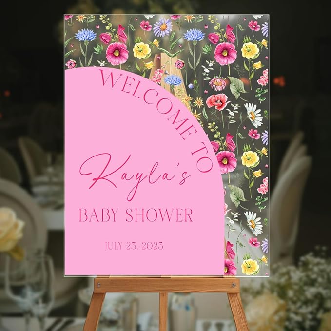 Personalized Half Floral Half Pink Baby Shower Welcome Sign for Girls - Wildflower Announcement Yard Sign - Unique Girl Baby Shower Entrance Decor