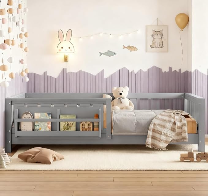 Bellemave Twin Size Floor Bed with high Rails and with Built-in Bookshelf for Kids, Girls, Boys, Wood Montessori Floor Bed Without Door, Gray
