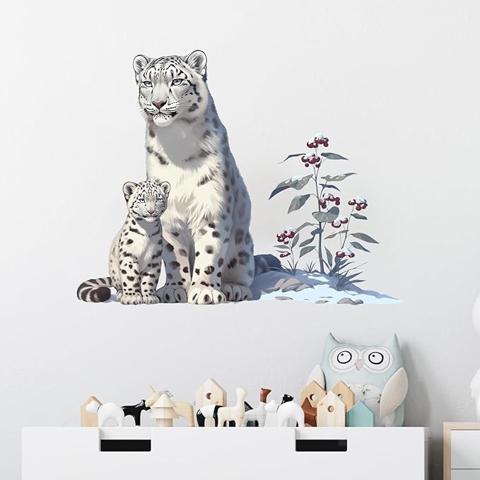Cute Snow Leopard with Cub On The Snow Wall Decal Nursery Animal Wall Sticker Removable Peel and Stick Wall Art Decor for Kid Baby Classroom Preschool Living Room Playroom Bedroom School