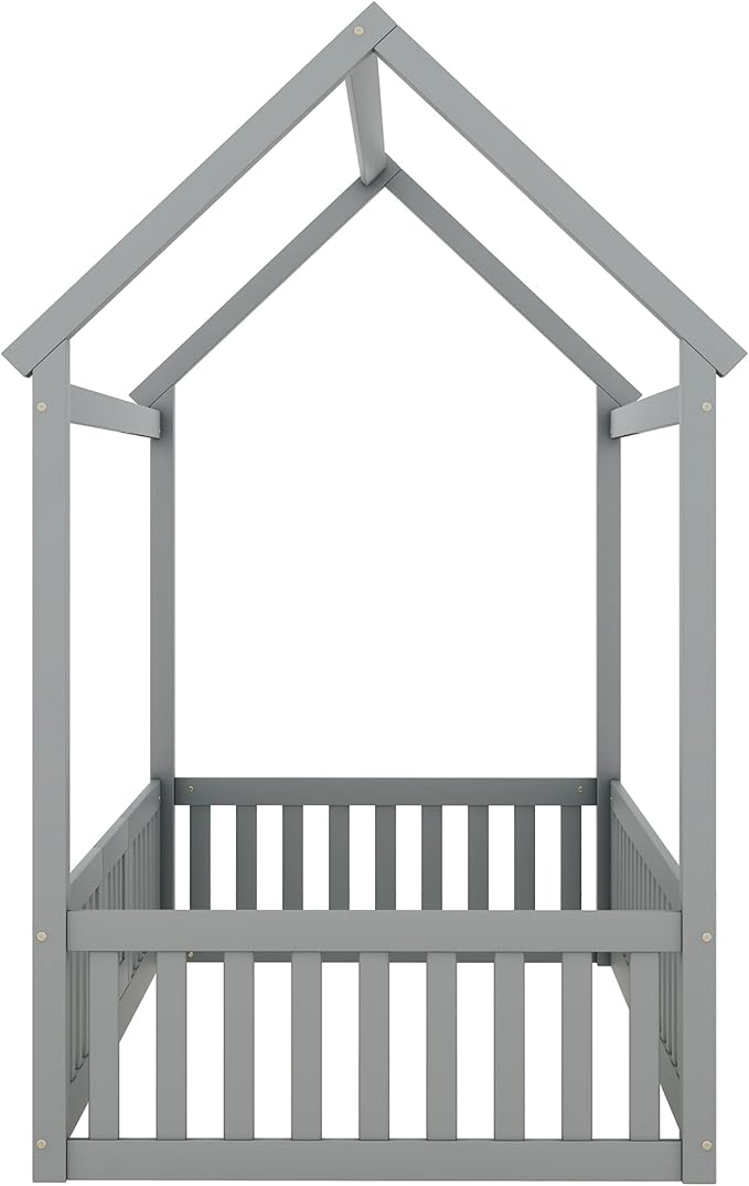 Bellemave Twin House Bed for Kids, Wooden Kids bedframe with Rails and Storage, Montessori Floor beds, Gray with Door no slats