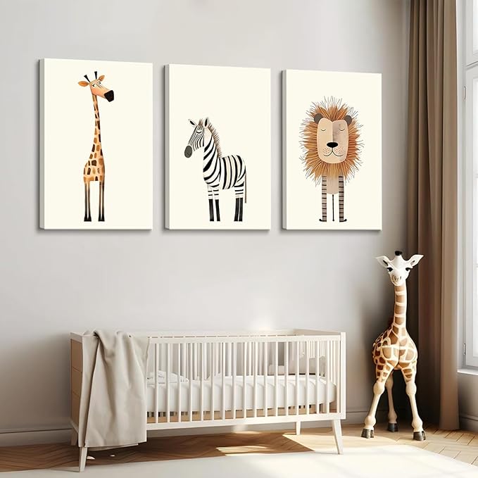 Safari Nursery Wall Art Baby Animal Canvas Wall Decor Cute Giraffe Lion Zebra Jungle Pictures Prints Posters for Baby Boy Girl Children's Room Bedroom Home Decorations 16x24inx3 Framed