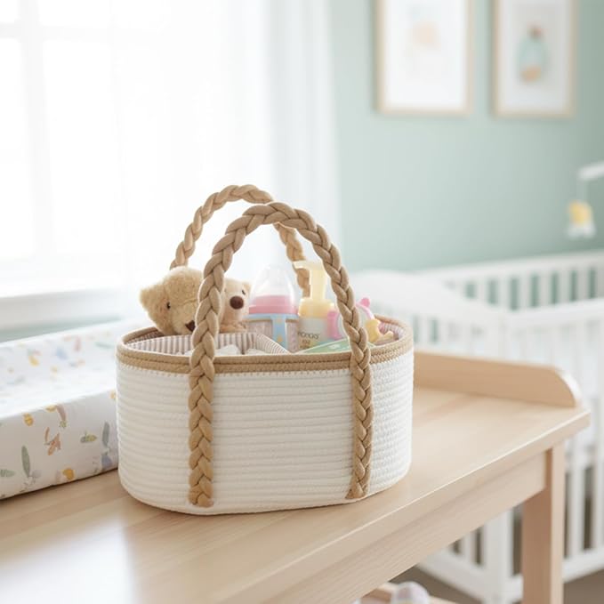 Baby Diaper Caddy, Portable Diaper Organizer for Changing Table, Car Travel Baby Shower Gifts Newborn Essentials, Cotton Rope Nursery Storage Basket for Boys Girls (White＆Khaki)