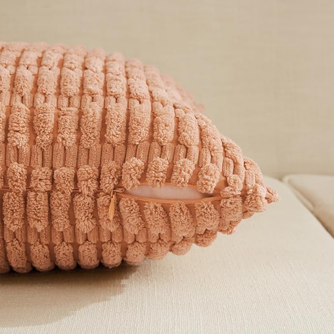 Fancy Homi 2 Packs Peach Farmhouse Decorative Throw Pillow Covers 18x18 Inch for Living Room Couch Bed Sofa, Rustic Boho Home Decor, Soft Striped Corduroy Square Cushion Case 45x45 cm