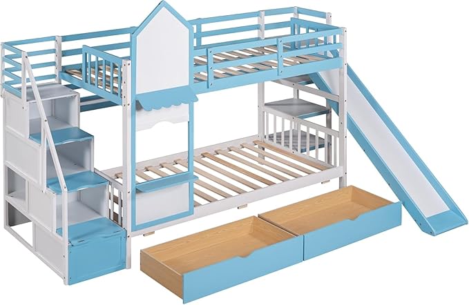 MERITLINE Twin Over Twin Castle Bunk Bed with Slide,Stairs and Drawers,Solid Wood Floor House Princess Bunk Bed with Storage Shelves (Blue)