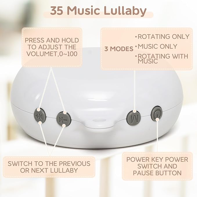 Crib Mobile Rotary Music Box, 35 Lullabies Crib Mobile Battery Operated Plays with 360° Rotating Hook Volume Adjustable（Battery Not Include）