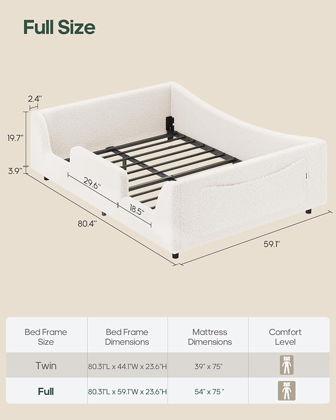 Full Floor Bed, Low Montessori 2-in-1 Convertible Beds, with Slats and High Rails, Upholstered Teddy Boucle, Curve Round Frame for Girls and Boys, No Box Spring Needed, Easy Assemble, Beige