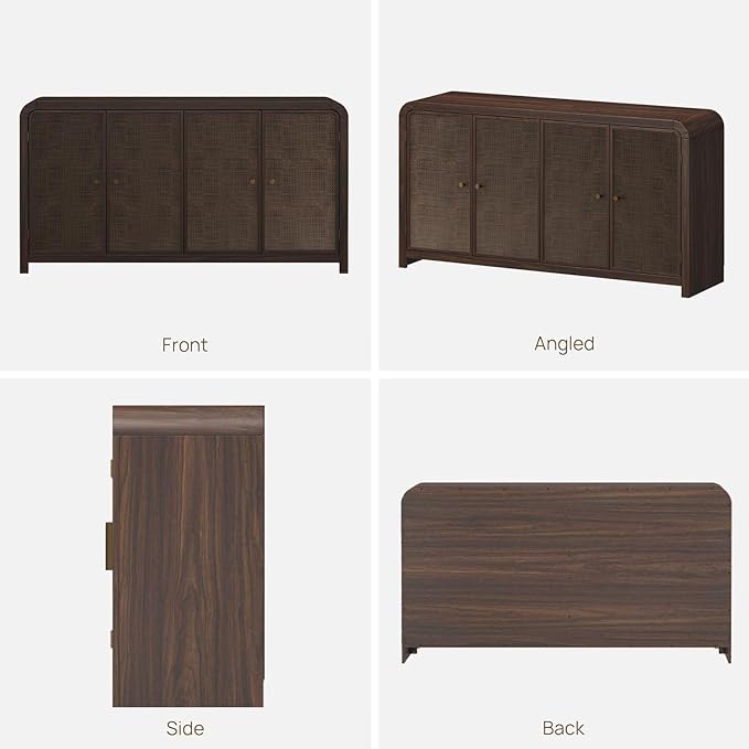 Oak&Sparrow Oak Sideboard Buffet Cabinet with Storage, 60'' Boho Buffets & Sideboards with Adjustable Shelves, Rattan Sideboard Cabinet with 4 Doors for Living Room, Hallway & Kitchen