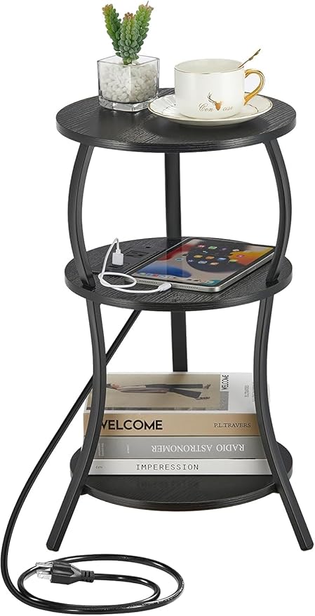Small Round Side Table with Charging Station, 3-Tier Waist Circular End Table with Storage Shelf, Compact Tea Sofa Side Table Small Spaces, Round Corner Coffee Table for Living Room Bedroon,Black
