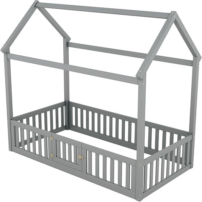 Bellemave Twin House Bed for Kids, Wooden Kids bedframe with Rails and Storage, Montessori Floor beds, Gray with Door no slats