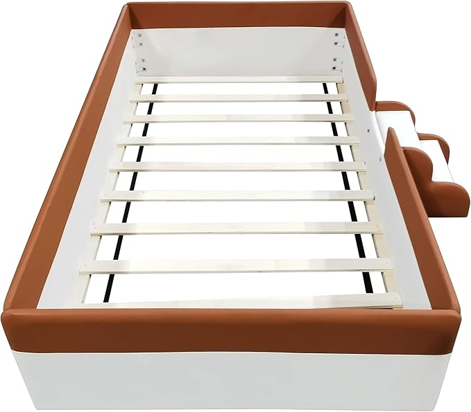 Twin Size Upholstered Daybed Frame with Fence and Stairs, Montessori Kids Floor Bed with Sturdy Slat Support for Kids Boys Girls (Brown+Twin)