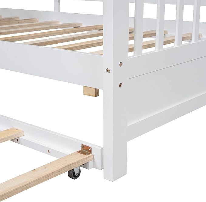 Linique Wooden Full Size House Bed with Trundle and Storage Shelf,Modern Design Full Platform Bed Frame with Pitched Roof,White