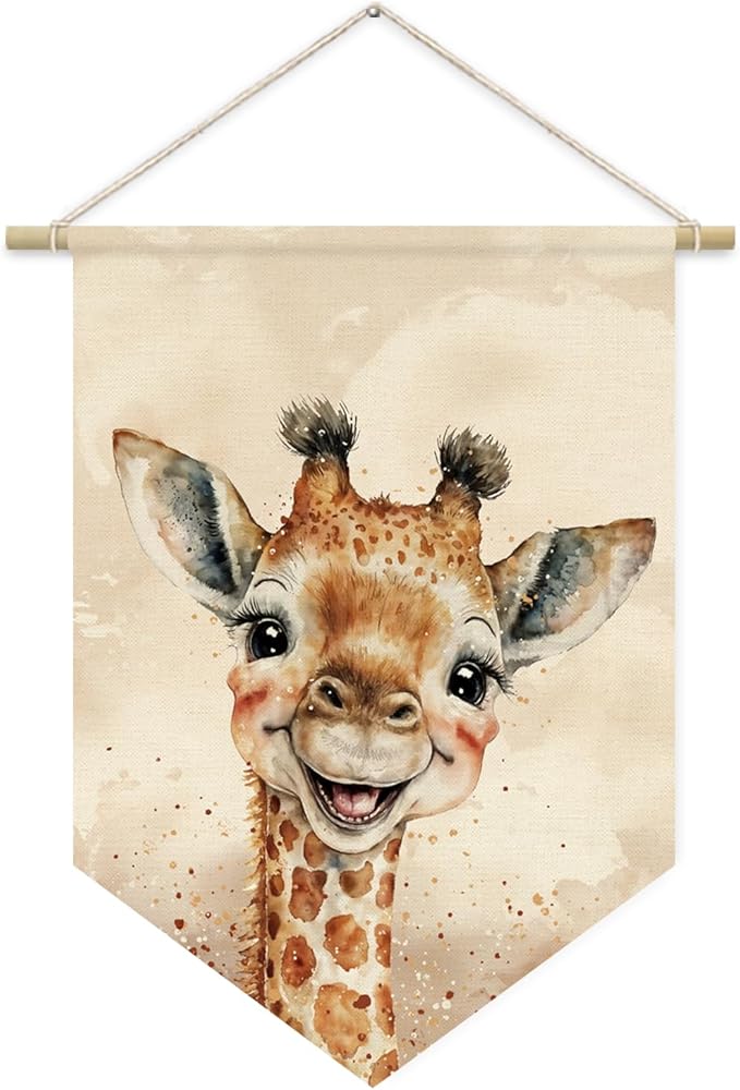 Safari Decor, Woodland Nursery Decor, Baby Giraffe Cute Wall Art,Kids room Canvas Banner,Watercolor Animal Giraffe for Living Room Bedroom, Hanging Pennant Flag Banner 15x11in