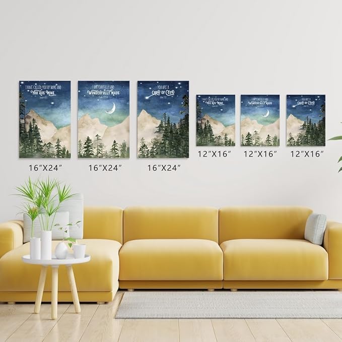 Nursery Scripture Wall Art, Set of 3 Nursery Bible Verse Wall Decor, Star Night Mountain Forest Wall Art, Nature Woodland Decor Canvas Prints, Inspirational Christian Kids Art, Framed 16"x24"