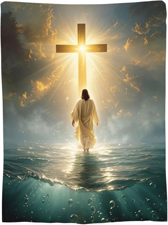 Jesus Christian Throw Blanket Jesus Walking on Water Fleece Blanket Christ Cross Religious Soft Cozy Fuzzy Plush Warm Stuff Bedding Blankets Gifts for Boys Girls Kids Adult Men Women 60"X80"