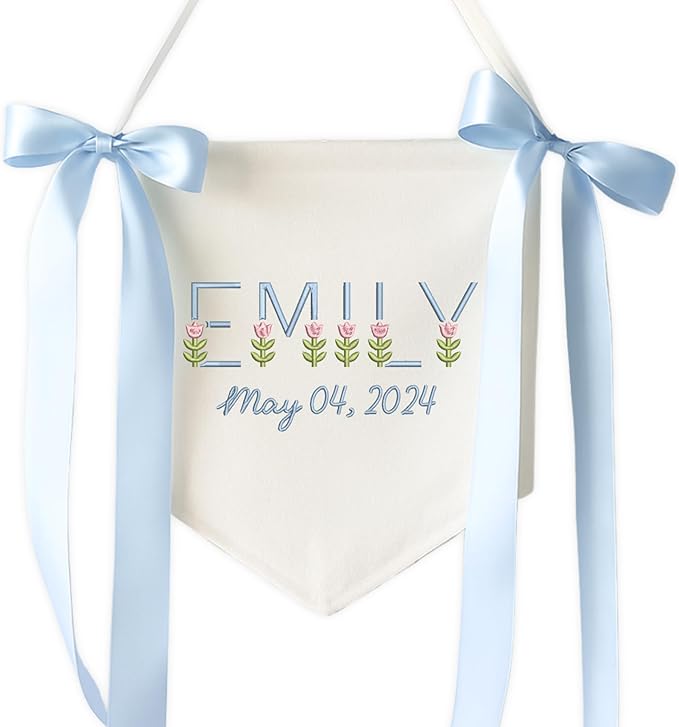 Embroidered Baby Name Sign Personalized Baby Announcement Sign Newborn Baby Banner with Bows Baby Hospital Name Sign Canvas Hanging Pennant Flag Custom Infant Baby Name Baby Shower Banner (09)