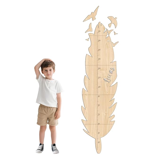 Personalized Growth Chart for Wall, Feathers Height Growth for Kids, Wooden Name Ruler for Nursery and Playroom, Baby Shower Gift 63" x 15.7"