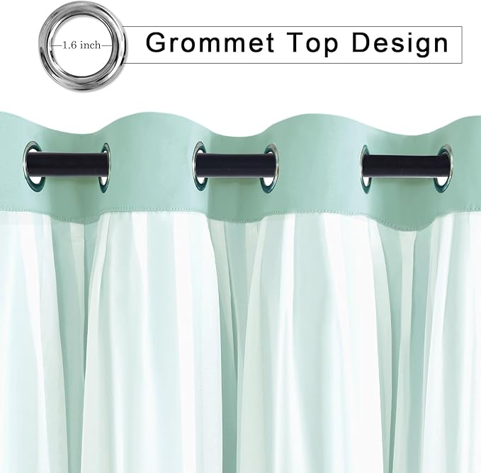Hiasan Blackout Curtains with Sheer Overlay, Mix & Match Double Layer Thermal Insulated Room Darkening Curtains for Bedroom, Living Room, 2 Window Curtain Panels with Tiebacks, Aqua, 52W X 108L