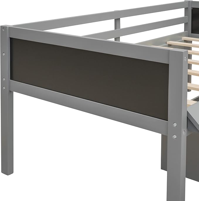 Play Fun Design Twin Size Loft Bed with Slide and Rope Climbing Ladder for Kids Boys Girls, Solid Wood Loft Bed Frame with 2 Storage Boxes and Double-sided Chalkboard, Sturdy Slat Support (Gray-2)