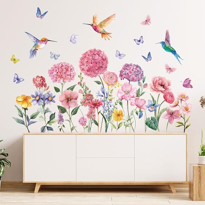 Pink Flowers Wall Sticker Peel and Stick Plant Floral Wall Decal DIY Removable Butterfly Bird Wall Art Murals Watercolor Daisy Flower Wall Sticker for Bedroom Princess