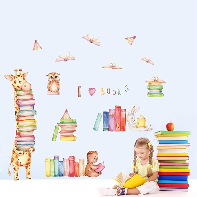Animals Reading Books Wall Decals Watercolor Large Giraffe Bear Rabbit Owl Read Books Wall Stickers for Kids Bedroom Nursery Playroom Classroom Library Reading Corner Decoration
